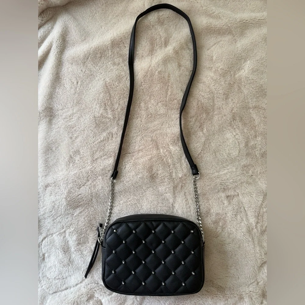 NWT Rebecca Minkoff Diamond Quilt Studded Top Zip Crossbody Bag Black